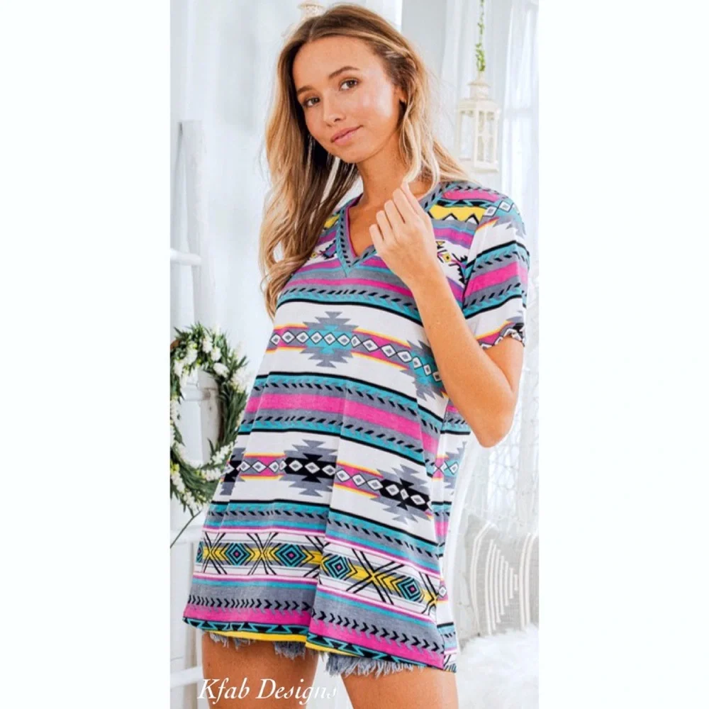 LAST 2! V Neck Aztec Print Blue Multi Top! - Picture 11 of 15